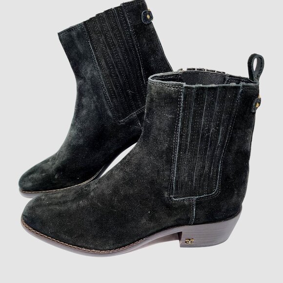 Sam Edelman Size 8.5 Bronson Black Suede Chelsea Boots Stacked Block Heel - Picture 1 of 10